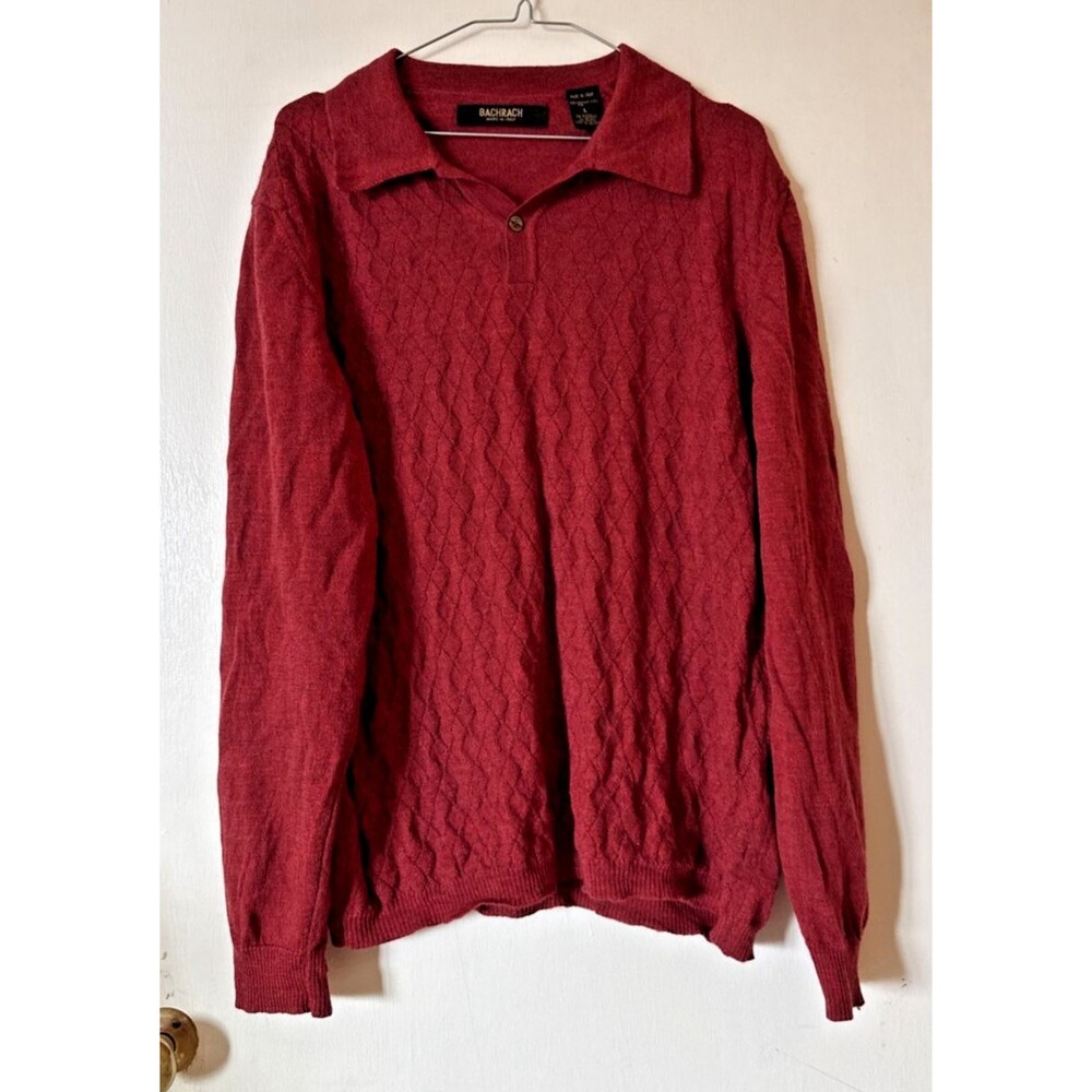 Vtg Bachrach Sweater Polo Burgandy Diamond Pattern Merino Wool Italy | Mens L
